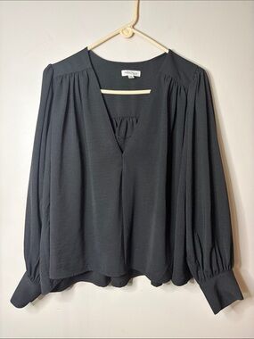 Prologue Black Long-Sleeve V-Neck Blouse with Gathered Shoulders